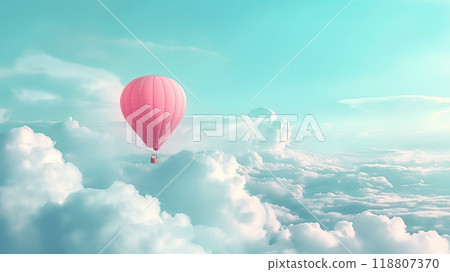 Hot Air Balloon Floating Above Soft White Clouds. High quality photo 118807370