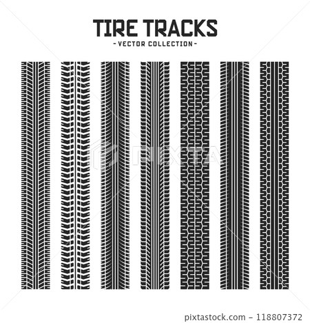 Tire tracks, wheel braking marks. Truck, car or motorcycle tread pattern silhouettes. Auto race, motorsport, speed racing design element. Vector illustration 118807372