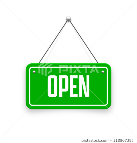 Realistic open hanging signboard. Vintage door sign for cafe, restaurant, bar or retail store. Announcement banner, information signage for business or service. Vector illustration 118807395