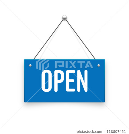 Realistic open hanging signboard. Vintage door sign for cafe, restaurant, bar or retail store. Announcement banner, information signage for business or service. Vector illustration Realistic open hanging signboard. Vintage door sign for cafe, restaurant, bar or retail store. Announcement banner, information signage for business or service. Vector illustration 118807431