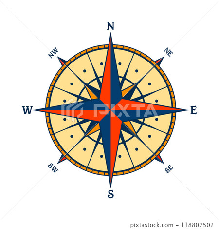 Vintage marine wind rose, nautical chart. Colorful navigational compass with cardinal directions of North, East, South, West. Geographical position, cartography and navigation. Vector illustration 118807502