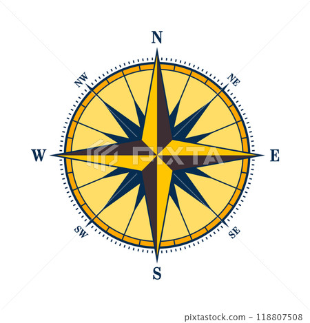 Vintage marine wind rose, nautical chart. Colorful navigational compass with cardinal directions of North, East, South, West. Geographical position, cartography and navigation. Vector illustration Vintage marine wind rose, nautical chart. Colorful navigational compass with cardinal directions of North, East, South, West. Geographical position, cartography and navigation. Vector illustration 118807508