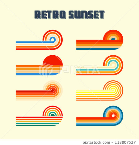 Horizontal vintage sunsets. Various colorful striped sunrise badges in 80s and 90s style. Sun and ocean view, summer vibes, surfing. Design element, print, logo or t-shirt. Vector illustration Horizontal vintage sunsets. Various colorful striped sunrise badges in 80s and 90s style. Sun and ocean view, summer vibes, surfing. Design element, print, logo or t-shirt. Vector illustration 118807527