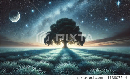 The glow of a moonlit night and the life of a large tree. With a crescent moon and the Milky Way in the background 118807544
