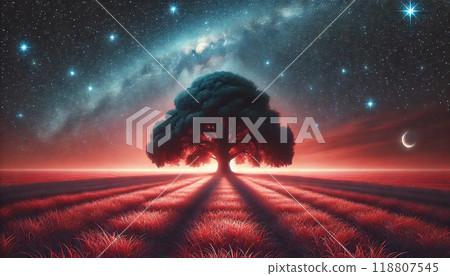 The glow of the moonlit night and the life of a large tree. With the sparkling Milky Way as a background 118807545