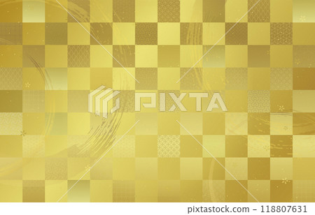 帶有格子圖案和各種日本圖案的金色背景材料 118807631