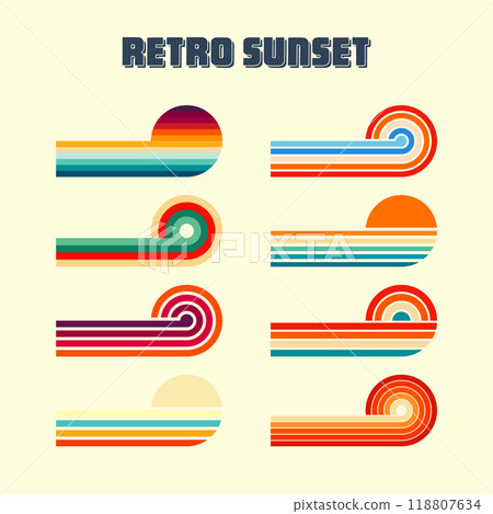 Horizontal vintage sunsets. Various colorful striped sunrise badges in 80s and 90s style. Sun and ocean view, summer vibes, surfing. Design element, print, logo or t-shirt. Vector illustration 118807634