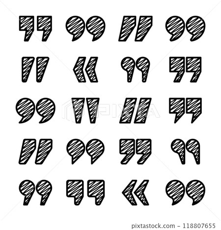 Hatched text quotation marks. Hand drawn quotes icon. Typographic speech mark symbol. Vector illustration. Message or comment. Vector illustration Hatched text quotation marks. Hand drawn quotes icon. Typographic speech mark symbol. Vector illustration. Message or comment. Vector illustration 118807655