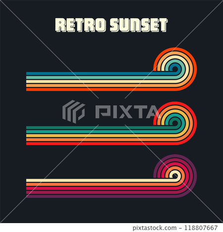 Vintage sunset collection. Various colorful striped sunrise badges in 80s and 90s style. Sun and ocean view, summer vibes, surfing. Design element for print, logo or t-shirt. Vector illustration 118807667