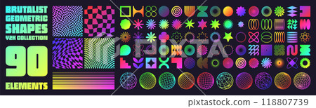 Brutalist geometric shapes, neon modern symbols. Groovy checkered pattern, distorted tiled grid. Simple elements, forms. Retro design, trendy contemporary minimalist style, y2k. Vector illustration 118807739