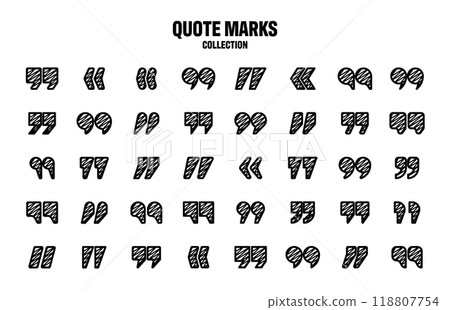 Hatched text quotation marks. Hand drawn quotes icon. Typographic speech mark symbol. Vector illustration. Message or comment. Vector illustration 118807754