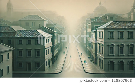 European cobblestone and foggy cityscape. 118807968