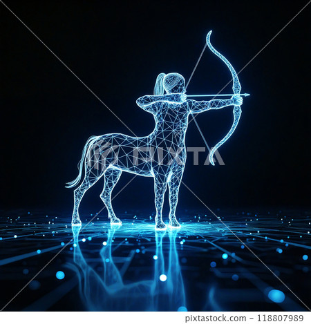 Sagittarius zodiac sign aiming with bow and arrow in abstract world 118807989