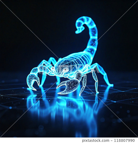 Scorpio zodiac sign shining on dark blue background with bokeh lights reflecting 118807990