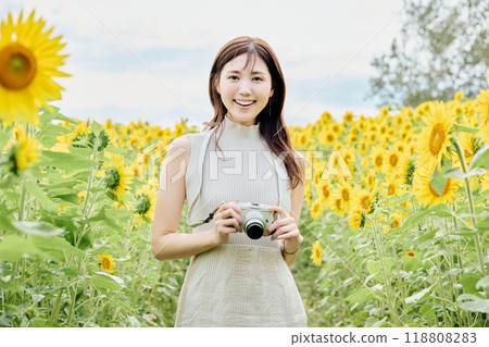 Woman holding a camera in a sunflower field 118808283