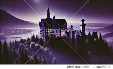 Beautiful foggy scenery in Northern Europe. Castle on the mountaintop bathed in the morning sun 118808625