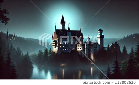 斯堪的納維亞半島美麗的霧氣景觀，山頂的城堡沐浴在早晨的陽光下。 118808626