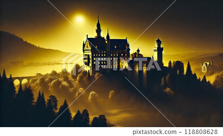 Beautiful foggy scenery in Northern Europe. Castle on the mountaintop bathed in the morning sun 118808628
