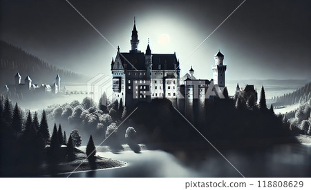 Beautiful foggy scenery in Northern Europe. Castle on the mountaintop bathed in the morning sun 118808629
