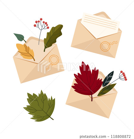 Envelopes with beautiful autumn leaves and letters. Vector illustration on a white background. 118808872
