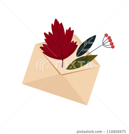 Envelope with beautiful autumn leaves. Vector illustration on a white background. 118808875