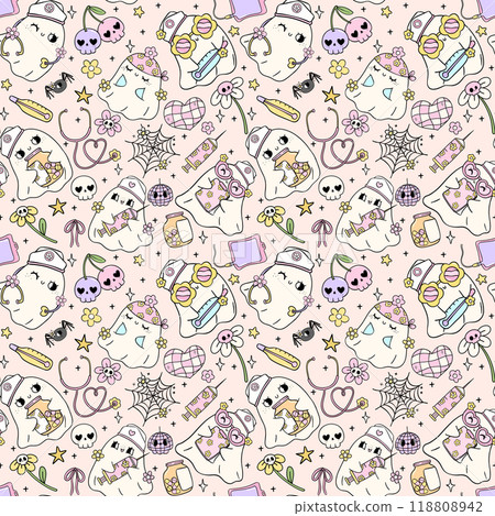 Groovy Retro Halloween Ghost Nurse Seamless pattern Cute Doodle Cartoon repeat background 118808942