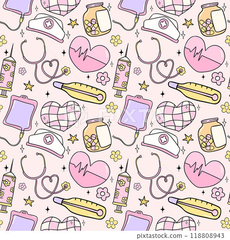 Groovy Retro Nurse Medical tools Seamless pattern Cute Doodle Cartoon repeat background 118808943