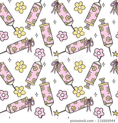 Groovy Retro Syringe Nurse Medical tools Seamless pattern Cute Doodle Cartoon repeat background 118808944