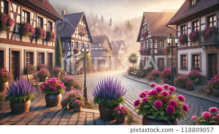 Beautiful foggy scenery in Scandinavia. Flowering cobblestone streets 118809057