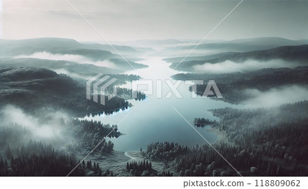 斯堪的納維亞半島美麗的霧景觀在霧中閃閃發光。 118809062