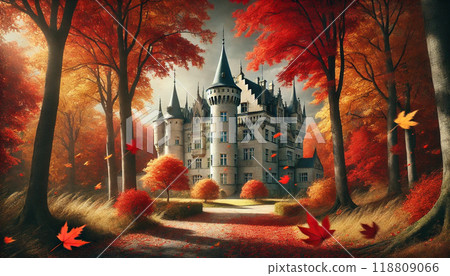 Beautiful foggy landscape in Scandinavia. Old castle in the forest 118809066