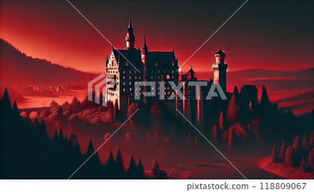 Beautiful misty landscape in Scandinavia. Glowing castle on a misty mountaintop 118809067