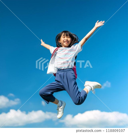 Girls to jump in the blue sky 118809107