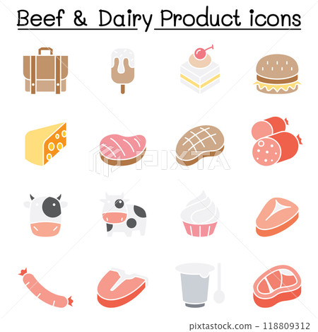 Beef and Dairy Products icon set in flat color style 118809312