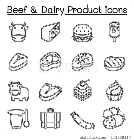 Beef & Dairy Products icon set in thin line style 118809314