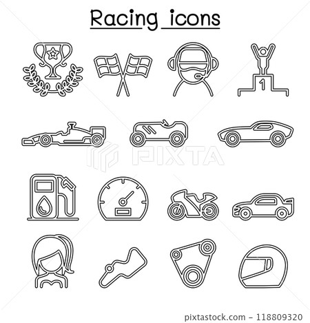 Racing icon set in thin line style 118809320