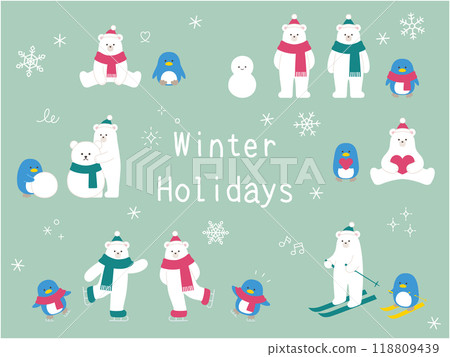 冬季北極熊和企鵝的向量圖。北極熊，消音器，帽子，滑雪，滑冰，動物 118809439