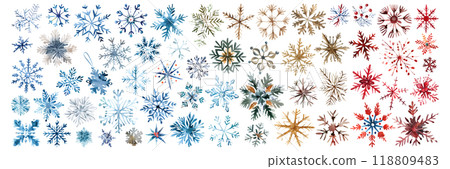 Set of isolated cute snowflakes in vivid hand painted watercolor painting on a transparent background for ornamental Christmas and New Year celebration party decoration elements. AI generated. 118809483