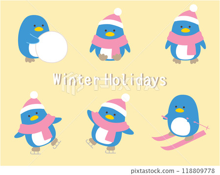 冬季企鵝的向量插圖集。雪、鳥、帽子、消音器、滑雪、溜冰 118809778