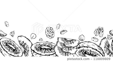 Sliced kiwi fruit and nuts mix for diet, healthy lifestyle, vegan cooking. Hand drawn vector ink. Illustration seamless border isolated on white background. Design recipe book, website, card, menu Sliced kiwi fruit and nuts mix for diet, healthy lifestyle, vegan cooking. Hand drawn vector ink. Illustration seamless border isolated on white background. Design recipe book, website, card, menu 118809809