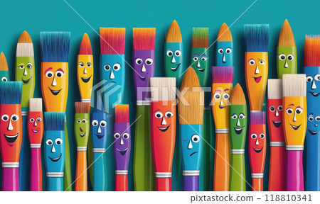 A group of paintbrushes with funny faces stand in a row against a blue background 118810341