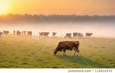 A cow grazes in a foggy field at sunrise 118810343