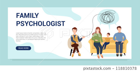 Family psychologist unraveling tangle. Difficult relationships in the family. Problems of communication between parents and children. Vector banner template. Family psychologist unraveling tangle. Difficult relationships in the family. Problems of communication between parents and children. Vector banner template. 118810378