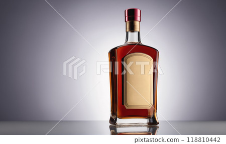 A bottle of liquor sits on a reflective surface in front of a gray background 118810442