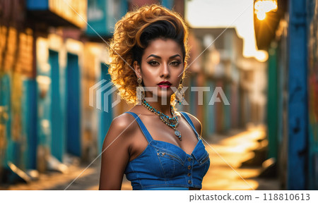 A woman with curly hair stands in an alleyway wearing a blue denim top and jewelry 118810613
