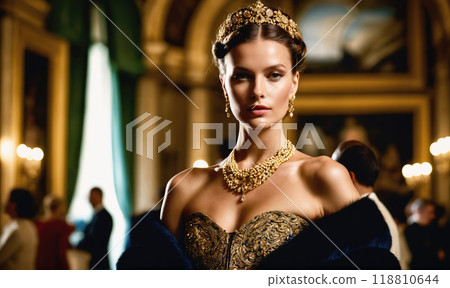 A woman in a gold crown and necklace stands in a grand ballroom, the elegant backdrop of a palace party 118810644