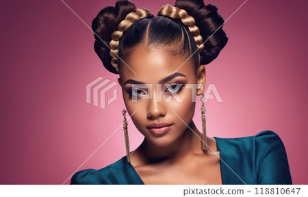 A woman with braided hair and gold earrings looks directly at the camera 118810647