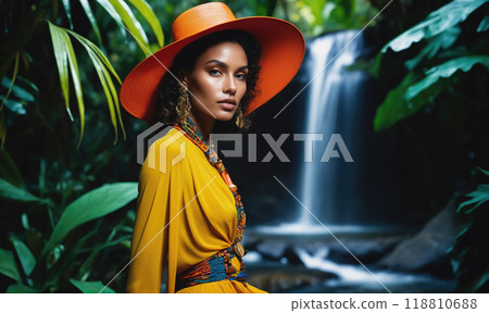 A woman wearing a large orange hat stands in front of a waterfall in a lush jungle 118810688