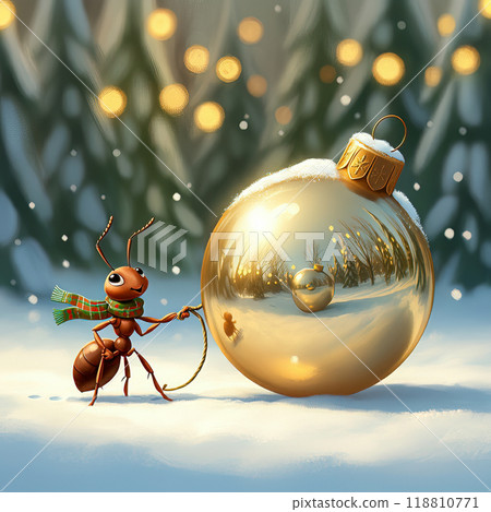 Ant with Golden Christmas Ornament in a Snowy Forest 118810771