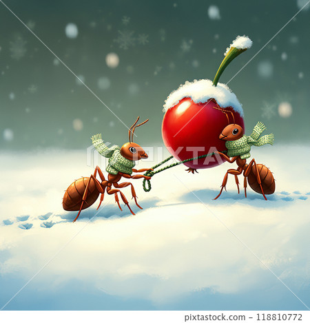 Ants Carrying Snow-Covered Cherry in Winter Landscape 118810772